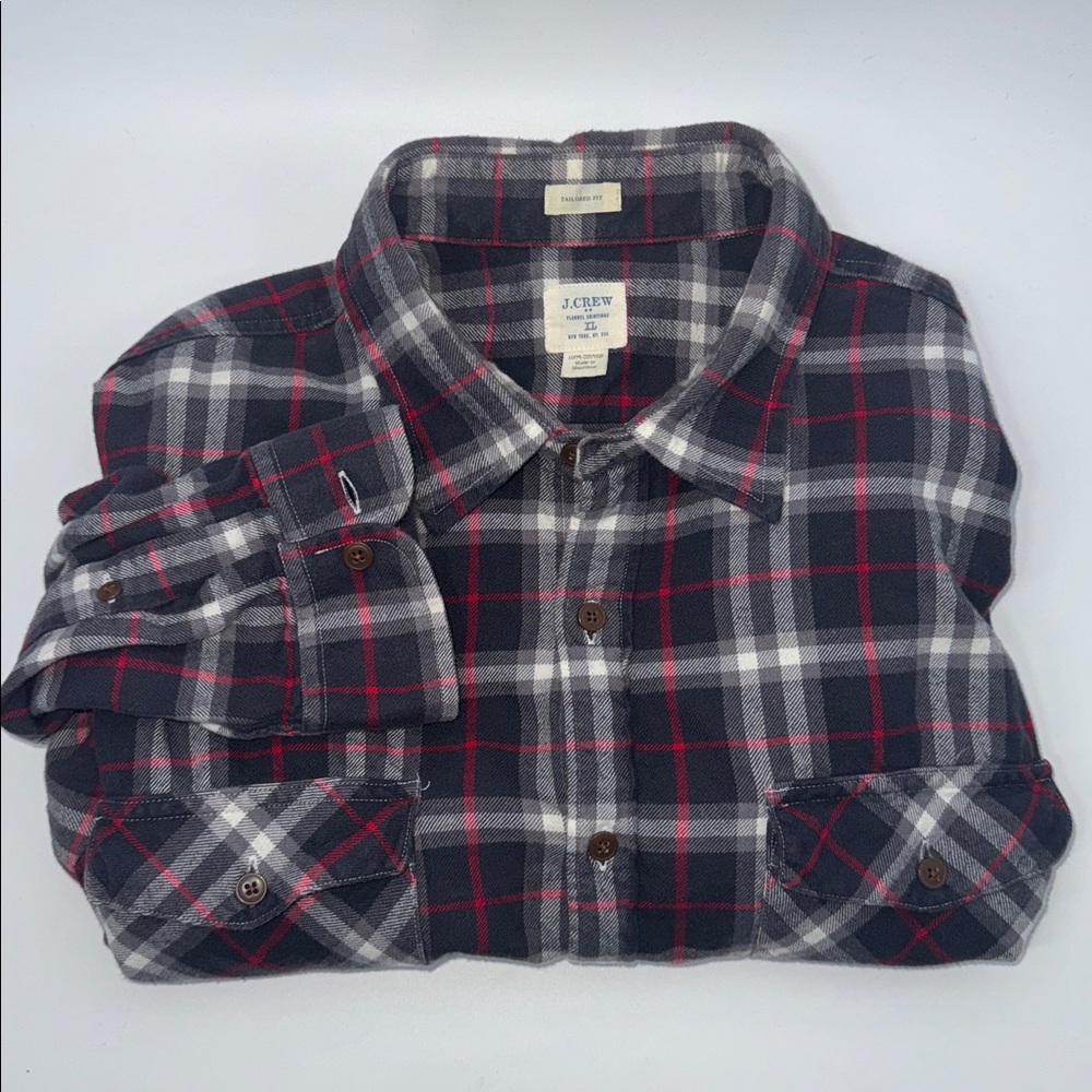 J. Crew Plaid‎ Tailored Fit Gray Red White Plaid Flannel Shirt Size XL